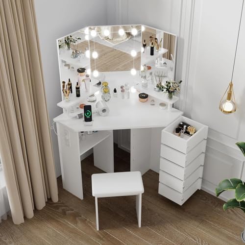 GarveeHome Lighted Vanity Desk with LED Mirror & Power Outlet, Makeup Dressing Table with 3 Color Lighting and Storage Drawers for Bedroom, White, 2 D