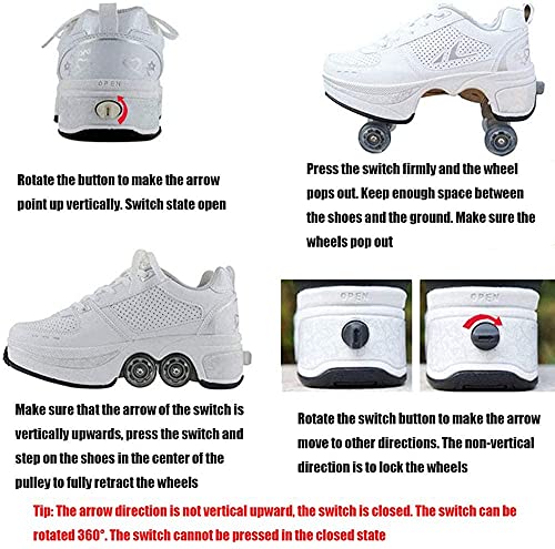 Image of Roller Skates for Women /Girls, Retractable Kick Roller Shoes with Wheels for Men, Outdoor Quad Wheel Rink Skates Adjustable Deformation Sneakers for Adult /Boys