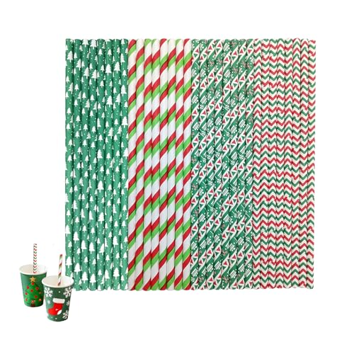100 Pajitas de Papel Biodegradables y Reciclables Coloridas para Navidad, Cumpleaños, Bodas y Fiestas - 4 Diseños Festivos Únicos para Decoración，pajitas de papel de rayas navideñas