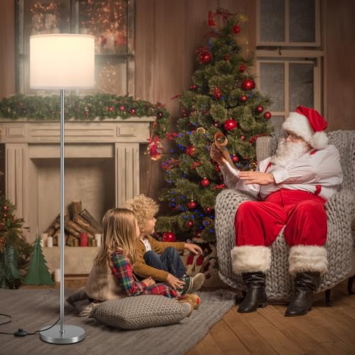 Image of Ambimall 60'' Modern Floor Lamp with Shade, Tall Lamps for Living Room, Bedroom, Office, Dining Room, White Shade with Silver Pole(Without Bulb)