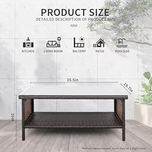 WAROOM Outdoor PE Wicker Coffee Table Patio Rattan Garden Side End Tea Table with Glass Top Furniture Brown
