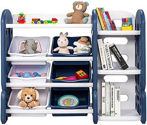 COSTWAY Kids Storage Unit, Children Shelf with 6 Removable Bins and 4 Shelves, Toddler Toys Books Collection Display Organizer for Nursery Playroom (Blue)