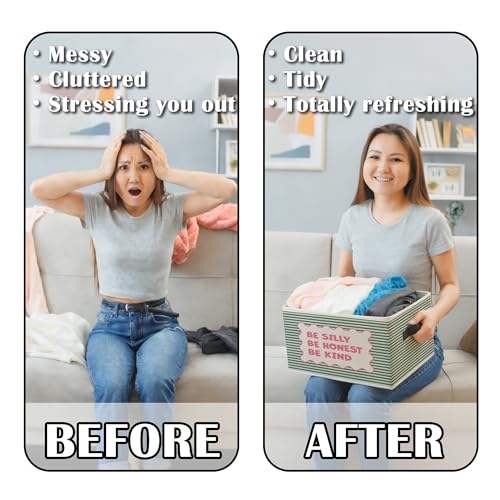 Image of Inspirational Nursery Storage Bins Box with Handles, Be Silly Honest Kind Motivational Pink and Green Striped Collapsible Basket Organizer for Kids Room Bedroom Bathroom Books Clothes