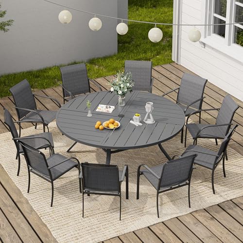 Image of VICLLAX 63 inch Round Outdoor Table, Patio Dining Table for 8-10 with Umbrella Hole for Garden Lawn Deck Backyard, Dark Grey