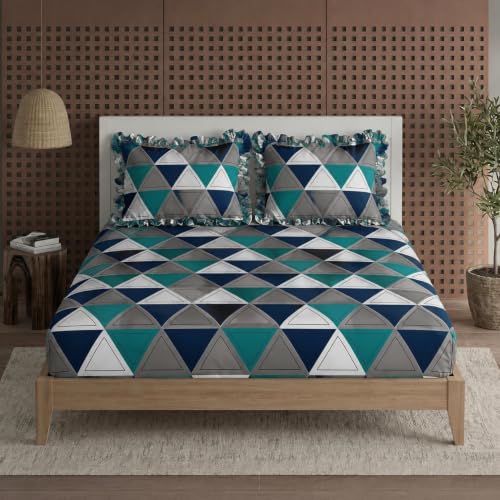 Image of Elastic Fitted King Size Bedsheet Cotton for Double Bed | 72 inchx78 inch +10 Inch, Floral, Soft & Breathable, Fade & Shrink Resistant, 2 Pillow Covers (Teal Blue)