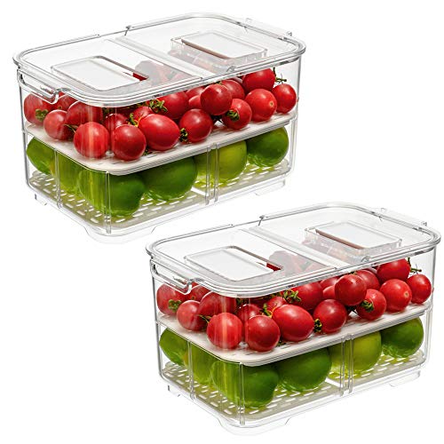 Produce Saver Food Storage Container with Lids and VentsVegetable Fruit Storage Containers Stackable Salad Lettuce Keeper for Refrigerator，set of 2