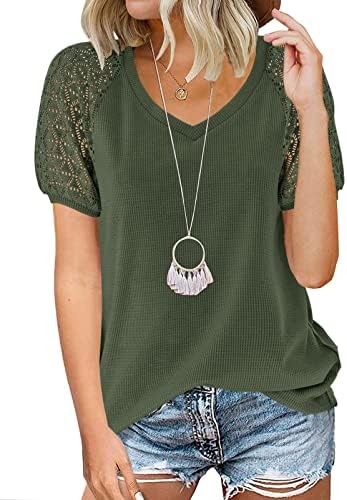 MEROKEETY Women's Summer Lace Short Sleeve V Neck Tops Shirt Loose Casual Waffle Tee Blouse ArmyGreen