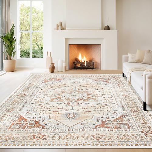 Washable Rugs 8x10 Area Rugs for Living Room,Rugs for Bedroom,Large Carpets,Ultra Soft Faux Wool Retro Dining Room Rug,Non Slip&Non-Shedding Low Pile Vintage Print Rug for Home Office,Orange
