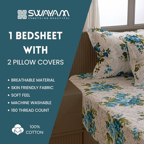 Image of Swayam Pure Cotton Double Bedsheet with 2 Pillow Covers | 160 TC Soft Breathable Bed Sheet | Floral Printed | Size 90 x 100 inch | Comfortable & Durable for Bedroom - White & Blue