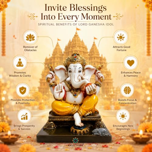 Image of Handcrafted Lord Ganesh Idol | Ganesha Statue for Home Temple, Pooja Room, Office Decor | Gold Painted Hindu God Figurine | Diwali, Housewarming & Wedding Gift (8 Inch, Marble Dust)