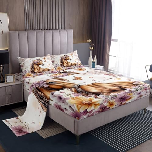 Loussiesd Juego de ropa de cama con diseño de caballo en 3D para niños y niñas, juego de sábanas elegantes con flores y animales de granja, colección de dormitorio, 4 piezas, doble, 1 sábana bajera +