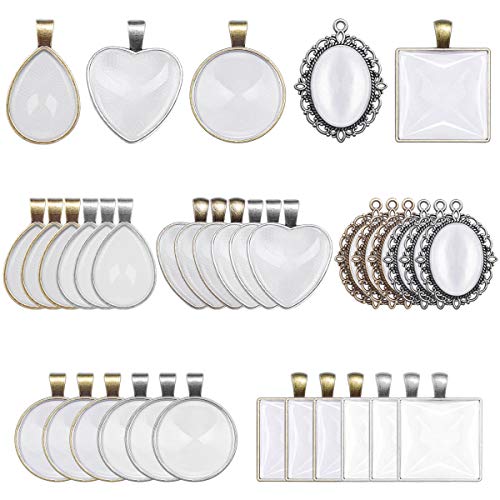 Anezus 60Pcs Pendant Trays Bezel Pendant Trays Blanks with Glass Cabochons for Pendants Making and Jewelry Making 5 Styles