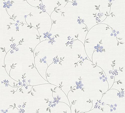 A.S. Création Maison Charme Vliestapete mit floralem Muster 0,53 x 10,05 m – Creme, Grau, Blau – Blumentapete im Landhausstil Made in Germany – 390713