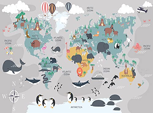 Weltkarte mit Tieren Wandbild Kinder Tapete Cartoon Kontinent Ozean Geographie B 366cm x H 254cm Wanddeko Bild Riesen Papier Poster Kinder Schlafzimmer