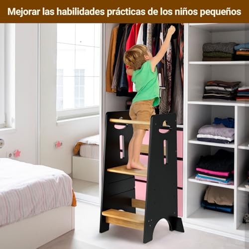 Miniatura 2 de Cosyland Torre De Aprendizaje Para Niños - Torre De Aprendizaje De Madera Para Bebés De 1 A 6 Años - Altura Ajustable En 3 Niveles - 80cm - Negro Clásico Y Natural