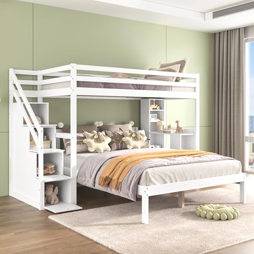 Litera con estantes laterales, Cuna Multifuncional, Litera para niños, con escalera de almacenamiento, gran espacio de almacenamiento, sin colchón, pino + MDF, blanco (90 x 200 cm+140 x 200 cm)