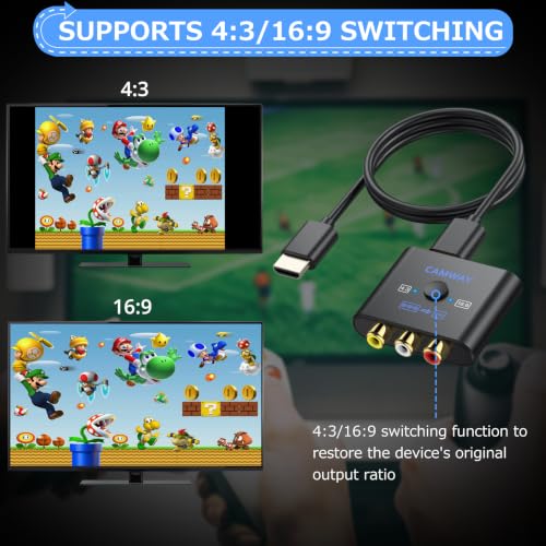 Image of CAMWAY RCA to HDMI Converter - 16:9 /4:3 Conversion 1080P AV to HDMI Adapter for Wii /PS1 /PS2 /N64 /X-box /DVD /VCR,Composite CVBS Video Audio Converter with HDMI Cable Supports PAL,NTSC
