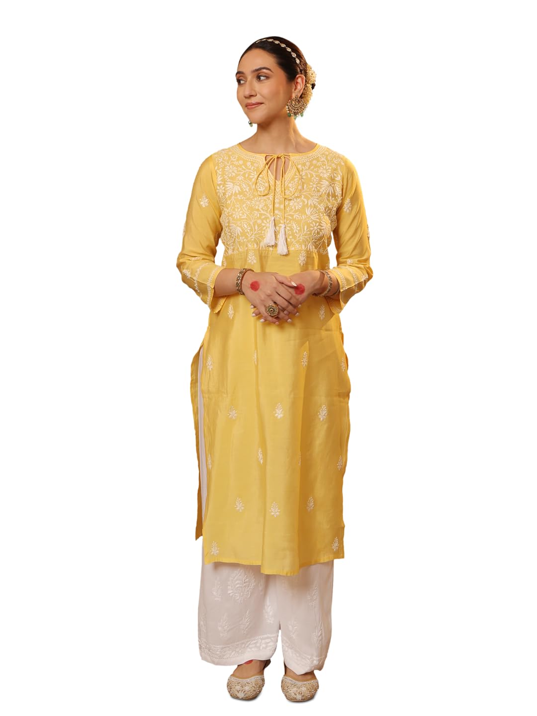 Chanderi Chikankari Solid Women's Long Kurta - Yellow-XL-image-32