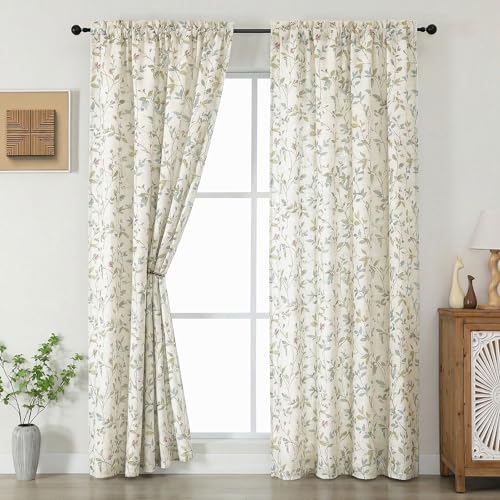 Image of Chyhomenyc Light Filtering 84 Inch Window Curtains - Linen Blend Floral Printed Curtains Drapes for Living Room, Soft Farmhouse Curtain for Bedroom, 52Wx84L Inch, 2 Panels, Linen