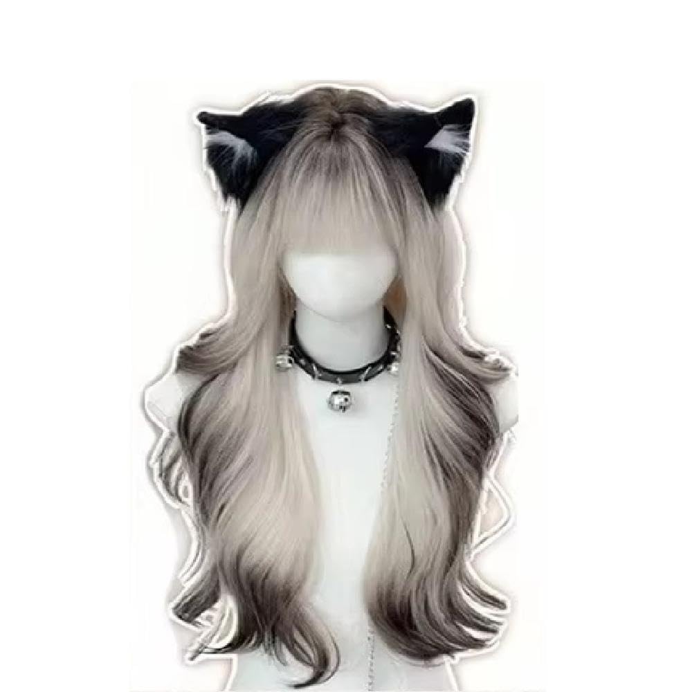 Haarpflege Schwarze Und Graue Ombre Langkörper Wellen Lockenhaar Perücke Mit Pony Für Frauen Cosplay Party(Black and white gradient 28inch)