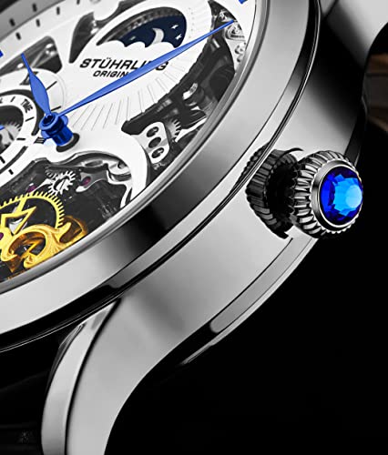 Stührling Original Automatic Watch for Men Skeleton Watch Dial, Dual Time, AM/PM Sun Moon, Leather Band, 3921 Mens Watches Series (White)
