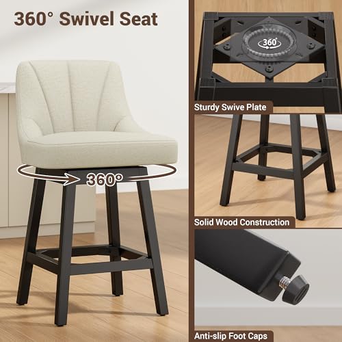 Image of YaFiti Swivel Bar Stool 1 Pcs, 26 Inch Counter Height Bar Stools with Backs, Modern Linen Fabric Extra Upholstered Barstools with Square Solid Wood Legs for Kitchen Island, Dining Room, Beige