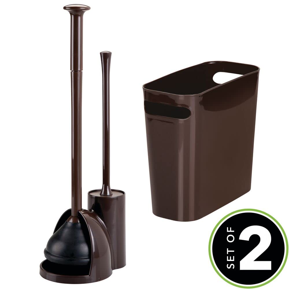 mDesign Compact Freestanding 2-in-1 Plastic Toilet Bowl Brush/Plunger/Trash Wastebasket Garbage Can Combo, Home Bathroom Storage, Sturdy Cleaning Accessories, Aura Collection, Set of 2, Dark Brown