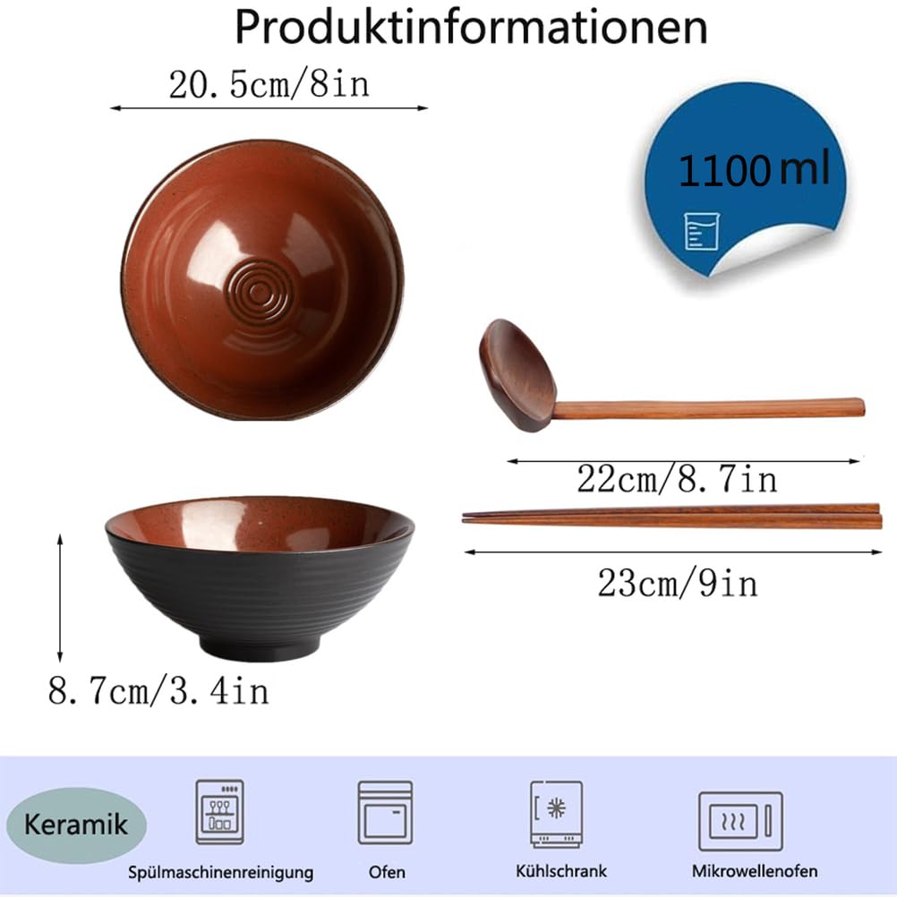 2 x Ramenschale aus japanischer Keramik Ramen Schüssel Set 1100 ml Suppe Schüssel mit Löffel und Essstäbchen(6-teilige) Mikrowellen und Spülmaschinen Sicher,Feuriges rot