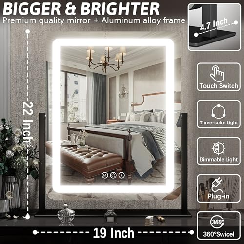 Image of FENNIO Vanity Mirror with Lights 19 inchx22 inch - LED Lighted Makeup Mirror,Large Makeup Mirror with Lights,Touch Screen with 3-Color Lighting,Led Mirror Makeup,Dimmable, for Vanity Desk Tabletop, Bedroom
