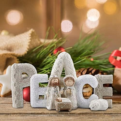 Wood.L Nativity Scenes, Nativity Resin Decoration, Manger Jesus Nativity Scene Figures with Letters PEACE, Christmas Desk Home Decorations, 10.633.355.51 in, White