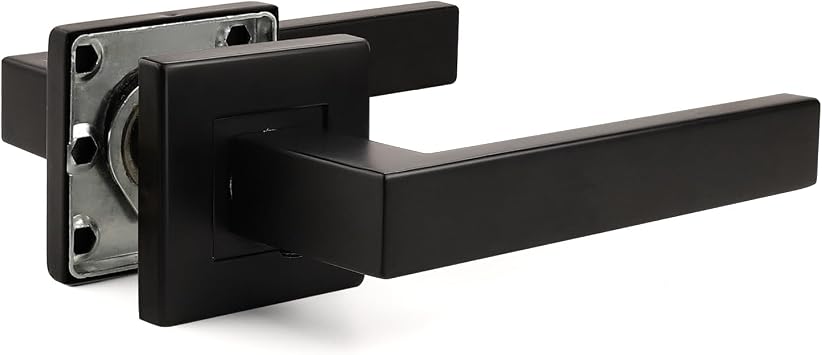 Pinlin Matte Black Cube Lever on Square Rose Door Handles, Internal Door Handle Sets for Interior Wooden Doors, Lever Latch Door Handle, Interior Door Handles for Home & Office