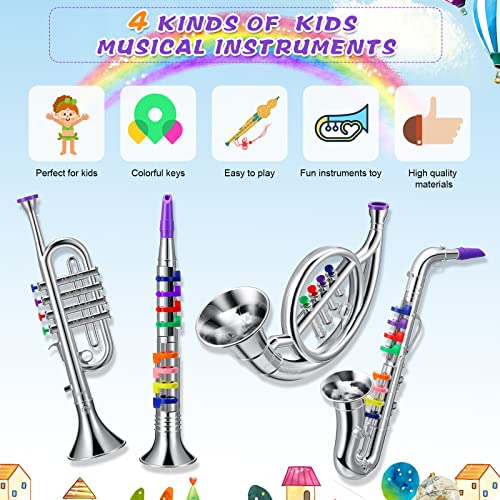 Treela Set of 4 Musical Instruments for Kids, Toy Clarinet Saxophone Trumpet and Horn Set for Beginners with over 10 Color Coded Keys, Christmas Educational Musical Gifts for Children Toddlers(Silver)