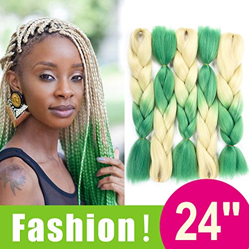 Silike Kanekalon Jumbo Braid Crochet Hair (5 Pieces) 24" Ombre Jumbo Braiding Hair Extensions (613/Green)