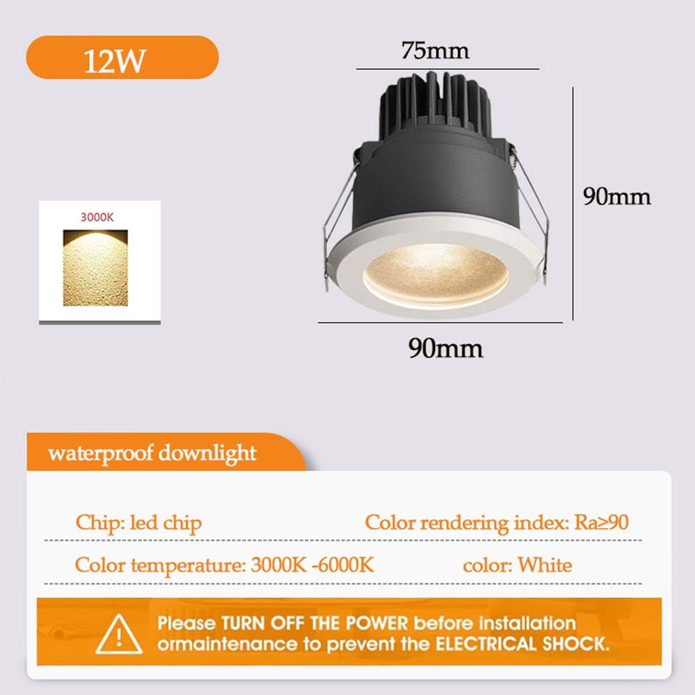 8 Confezioni di Illuminazione da Incasso a LED Kit di faretti da Incasso a soffitto a LED da 3 Pollici IP65 Luce per Doccia Impermeabile per luoghi umidi per la,12W-6000K