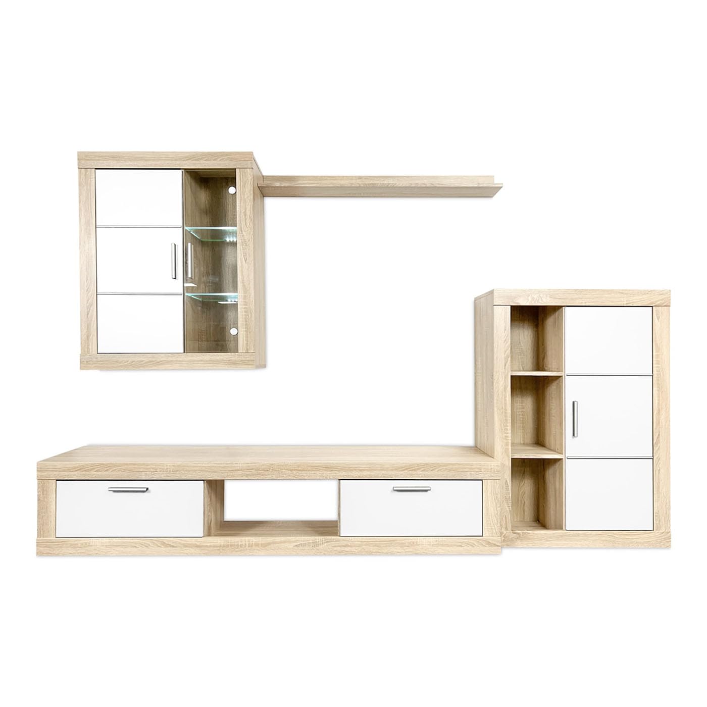 amuéblate Online - Mueble de Salón Moderno con Leds, Módulos de Comedor, Modelo Apolo, Acabado en Blanco y Cambria, Medidas: 259 cm (Ancho) x 132,5 cm (Alto) 40 cm (Fondo)
