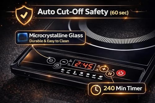 Image of 1600W 2.0 Induction Cooktop with 4-Digit LED Display | Double Ring Coil Heating | Microcrystalline Glass Top | 240 Min Timer | 6 Cooking Modes | 7 Power Levels | Auto Cut-Off Safety | 1 Year Warranty