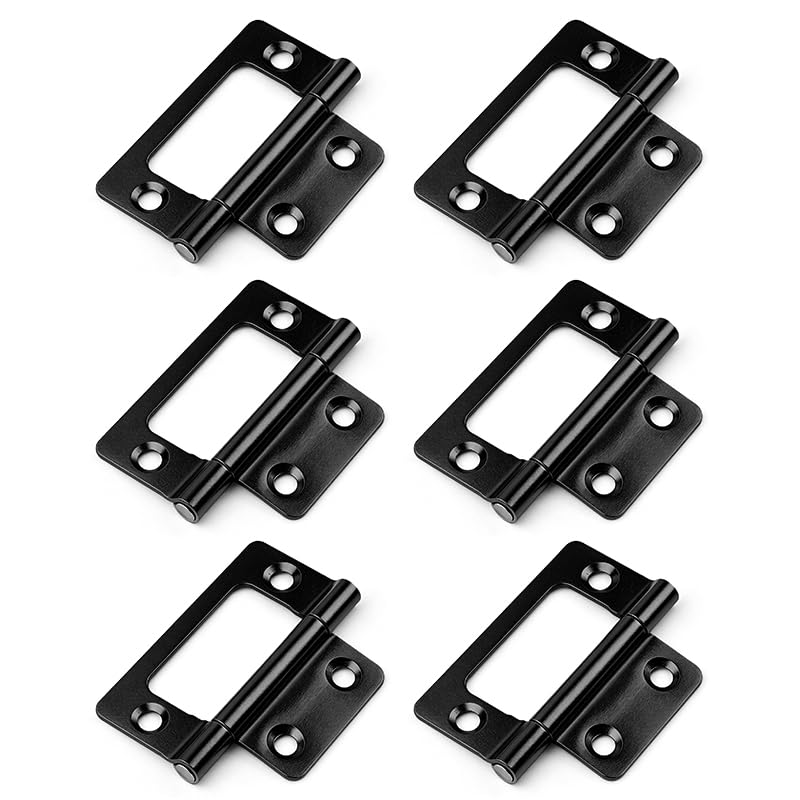 6Pcs Flush Door Hinges, 2 Inch Iron Cupboard Hinges for Window Cabinets, Closet, and Drawer Boxes, Flat Hinges for Wooden Furniture, Black