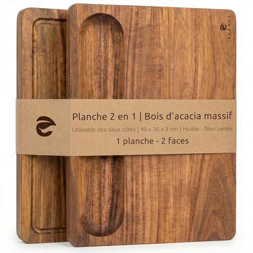 ECENCE Planche à découper en bois d'acacia - planche de cuisine haut de gamme avec rigole à jus et poignées latérales, utilisable des deux côtés pour...