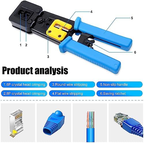 Image of COOLCOLD Pass Through RJ45 Crimping Tool Kit | RJ45 Cat6 Cat5e Ethernet Crimper with LAN Cable Tester + Battery, 20PCS Connectors, 20PCS Boots, Wire Stripper & Universal Stripping Tool (Multi-Color)