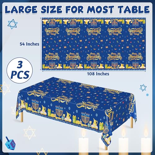 Image of 3 PCS Hanukkah Decorations, 108 inch x 54 inch Blue Gold Hanukkah Tablecloth, Disposable Happy Chanukkah Plastic Tablecloth, Lights Candles Design Rectangle Chanukkah Tablecovers for Jewish Festival Supplies