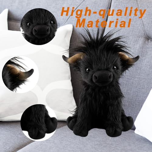 JazRvr Hochlandrind Kuscheltier, Schottisches Highland Cow Plüschtier, Kuscheltier Kuh Für Kinder, 28 cm Schwarzes Kuscheltier, Stressabbau