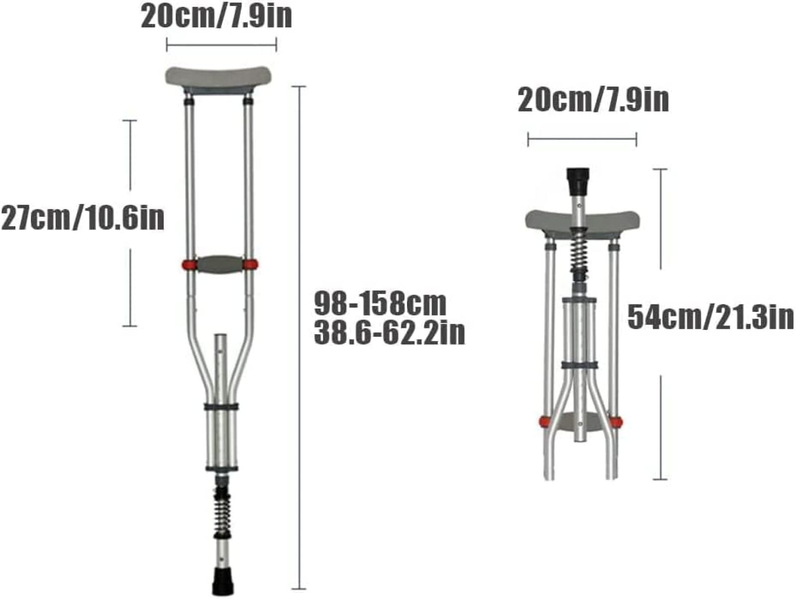 Stampelle pieghevoli sotto le ascelle con assorbimento degli urti, altezza regolabile a pulsante in alluminio stampelle da passeggio per adulti e giovani, capacità 134,6-195,6 cm, capacità 440 libbre