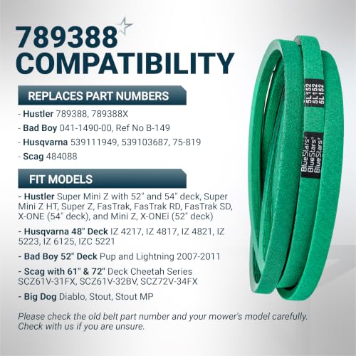 Image of [Upgraded Grip120] BlueStars 789388 Deck Belt Aramid Cord 152 inch x 5 /8 inch | Deck Belt for 52 inch Hustler Mini Z Super Z X-One 54 inch FasTrak Series Husqvarna Scag Bad Boy Lawn Mower Replaces 789388 Belt