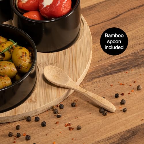 Moritz & Moritz 4X Black Dip Bowl Set with Wooden Tray - Snack Bowls Set Ceramic - Serving Set with Spoons - Image 6