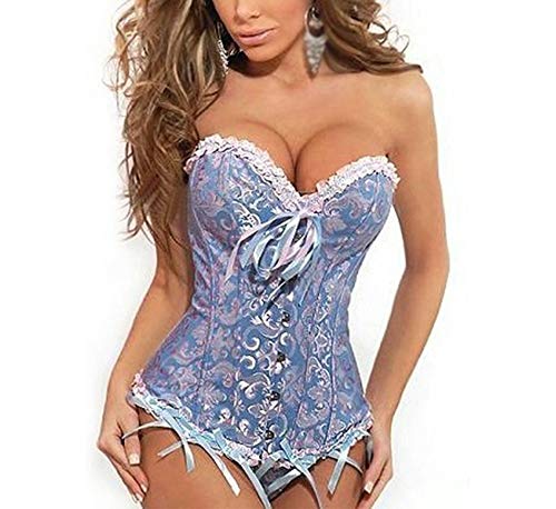 Women's Corset Sexy Lingerie Sets Lace Floral Waist Shaping Bustier Top Boned Overbust Corset with G-String Shapewear Outfit (Blue, 2XL)