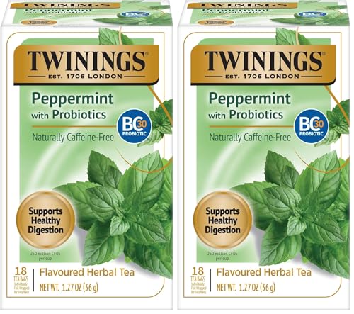 Image of Twinings Superblends Probiotics+ Peppermint & Fennel Herbal Tea, 250 Million CFUs per Cup, 18 Tea Bags (Pack of 2), Naturally Caffeine-Free, Enjoy Hot or Iced