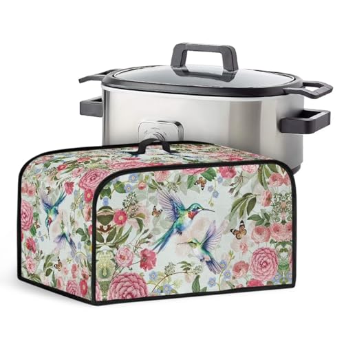 Kathyboom Hummingbird Flowers Slow Cooker Cover with Side Pockets, Anti Splash Slow Cooker Dust Covers Fit for Most 6-8 Qt Crock Pot Kitchen Accessories Organizer