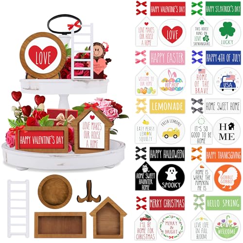 Farmhouse Valentines Day Tiered Tray Decorations Set - Year Round Seasonal Interchangeable Holiday Rustic Wooden Frames with Cards, Ladder for Home Kitchen Table Centerpiece