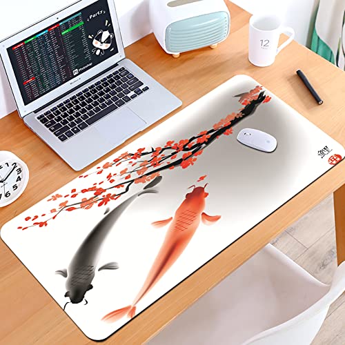 SHIVNAMI Alfombrilla Raton Grande Gaming Mouse Pad,Koi Carp Fish Pareja Nadando con Cherry Blossom Sakura Branch Culture Design,Lavable, Antideslizante Diseñada para Gamers, Trabajo de Oficina
