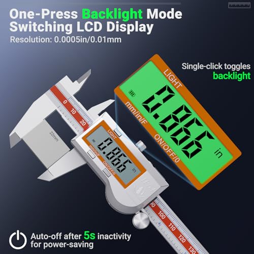 Preciva Outil de mesure de l'étrier numérique, Étalonneur numérique en acier inoxydable avec rétroéclairage LCD, Fonction d'arrêt automatique, IP54 Protection de la preuve Splash et conversion métrique de pouce 6 Inch/150 mm